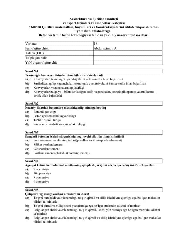 Beton va temir beton texnologiyasi test savollari