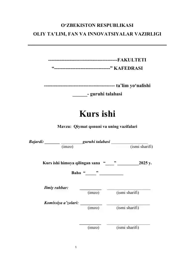 Qiymat qonuni va uning vazifalari (kurs ishi)