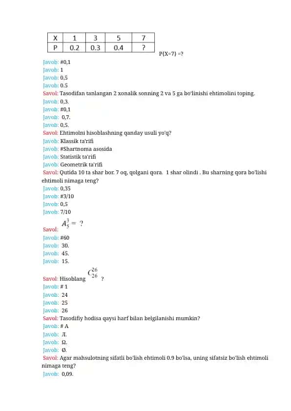 Matematika test savollari