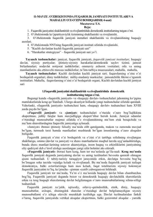 O'zbekistonda Fuqarolik Jamyati Institutlari va Mahalliy O'z-o'zini boshqarish
