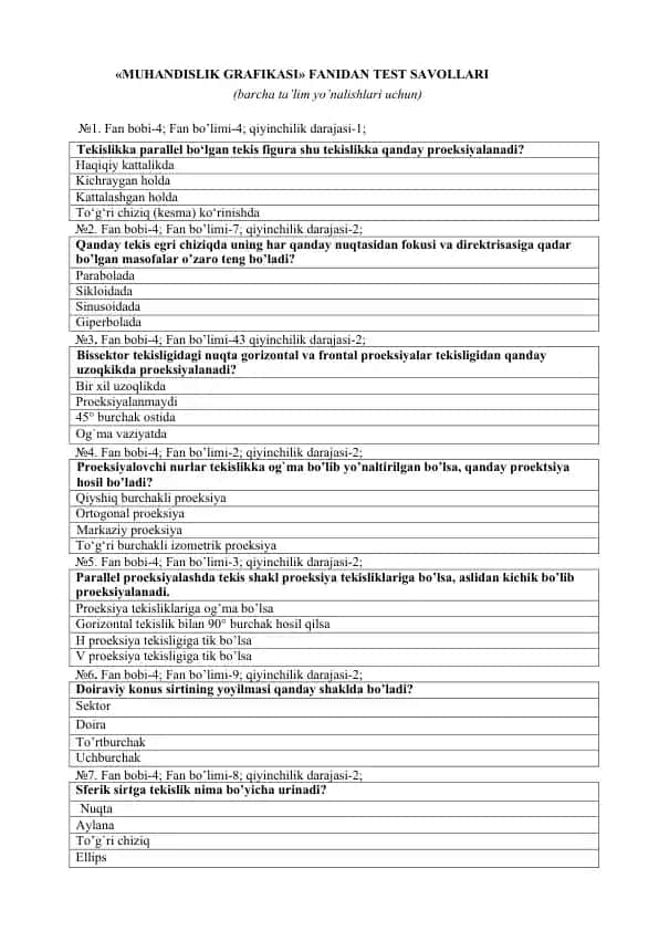 MUHANDISLIK GRAFIKASI FANIDAN TEST SAVOLLARI