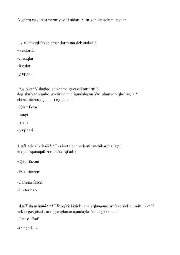 Algebra va sonlar nazariyasi fanidan bitiruvchilar uchun testlar