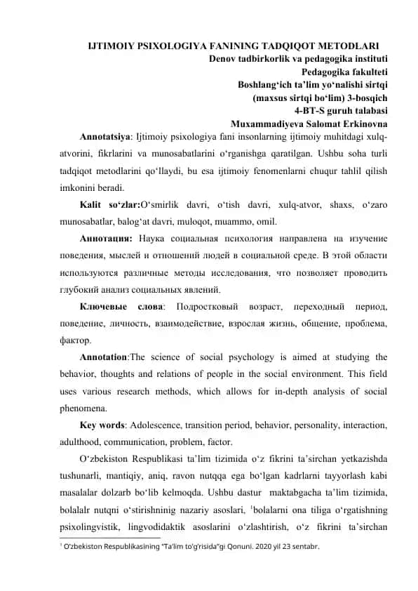 Ijtimoiy Psixologiya Fanining Tadqiqot Metodlari