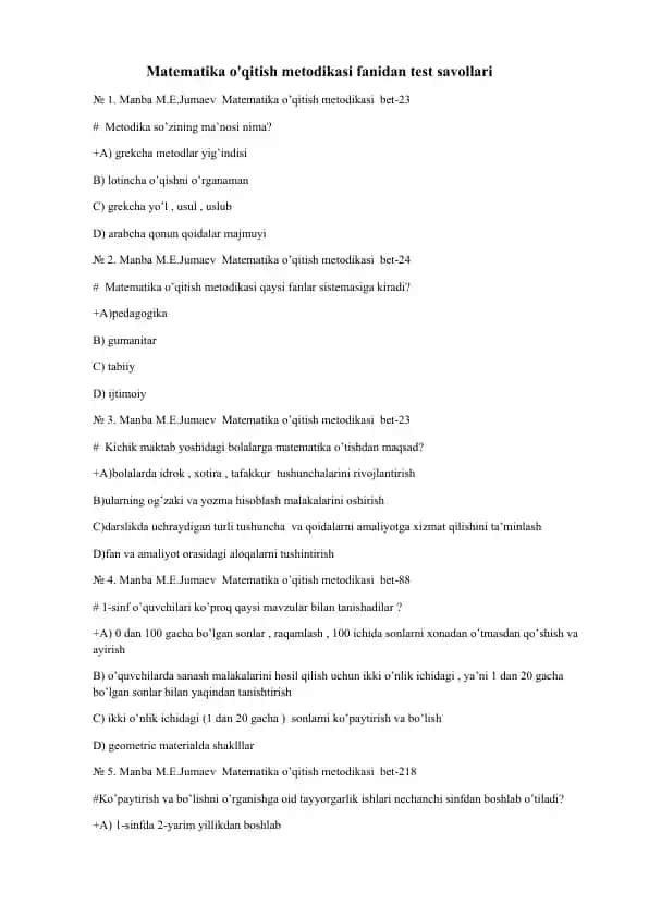 Matematika o'qitish metodikasi fanidan test savollari