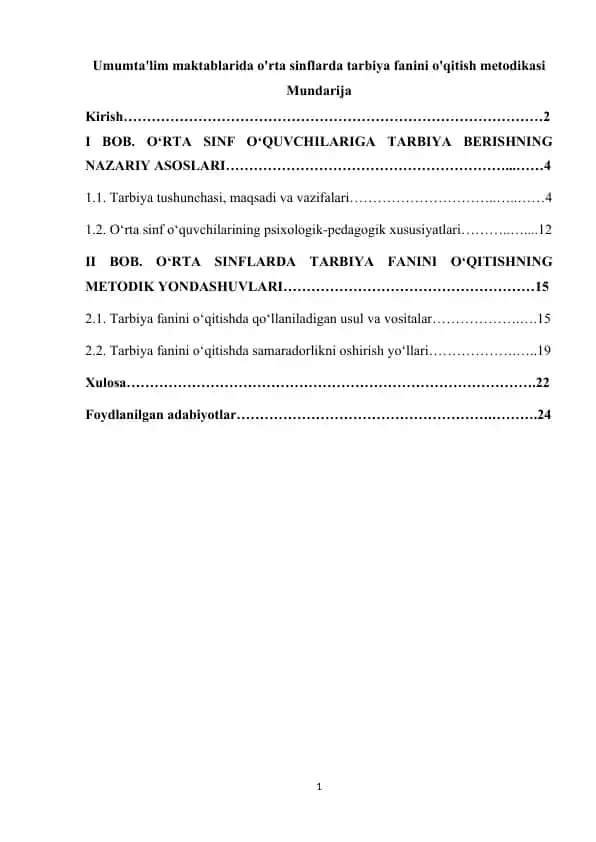 Umumta'lim maktablarida o'rta sinflarda tarbiya fanini o'qitish metodikasi