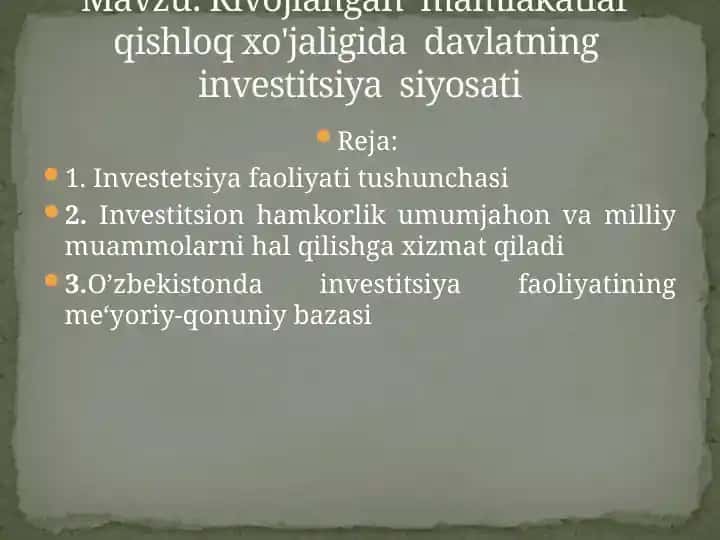 Investitsiya faoliyati tushunchasi
