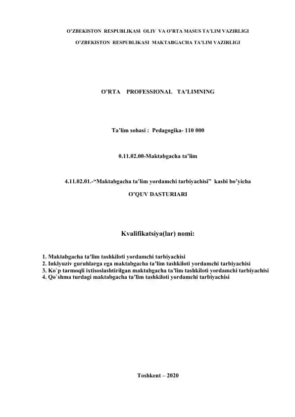 Maktabgacha ta’lim yordamchi tarbiyachisi o’quv dasturi