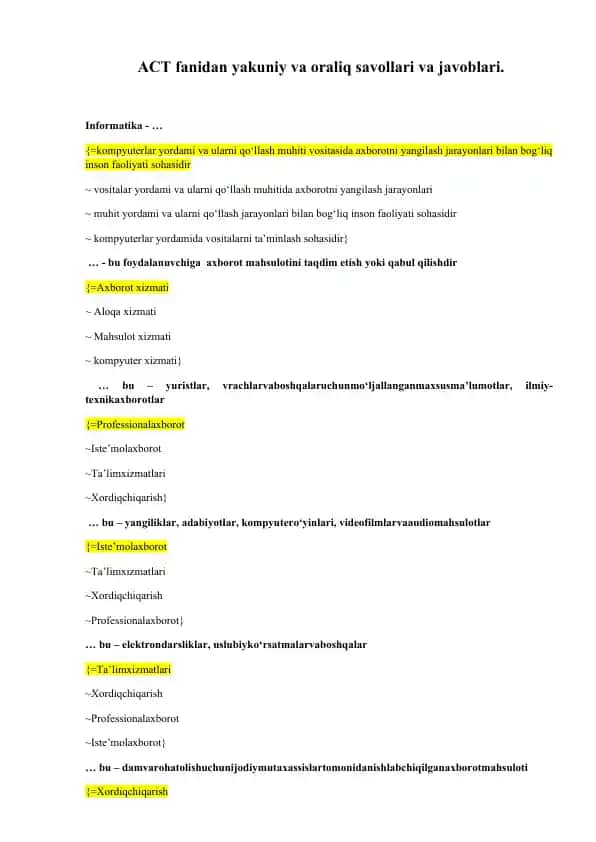 ACT fanidan yakuniy va oraliq savollari va javoblari