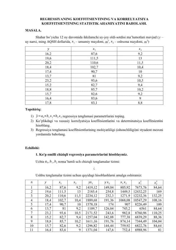 Regressiyaning koeffitsientining va korrelyatsiya koeffitsientining statistik ahamiyatini baholash