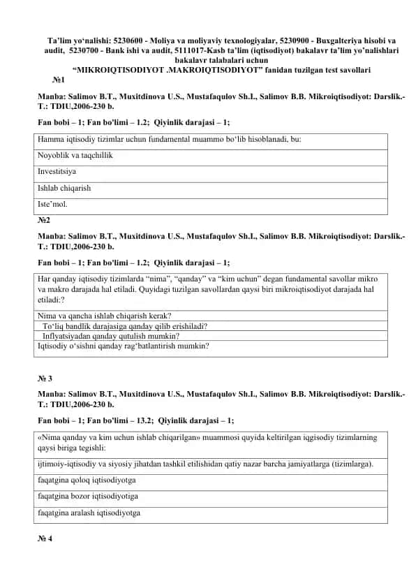 MIKROIQTISODIYOT .MAKROIQTISODIYOT fanidan tuzilgan test savollari