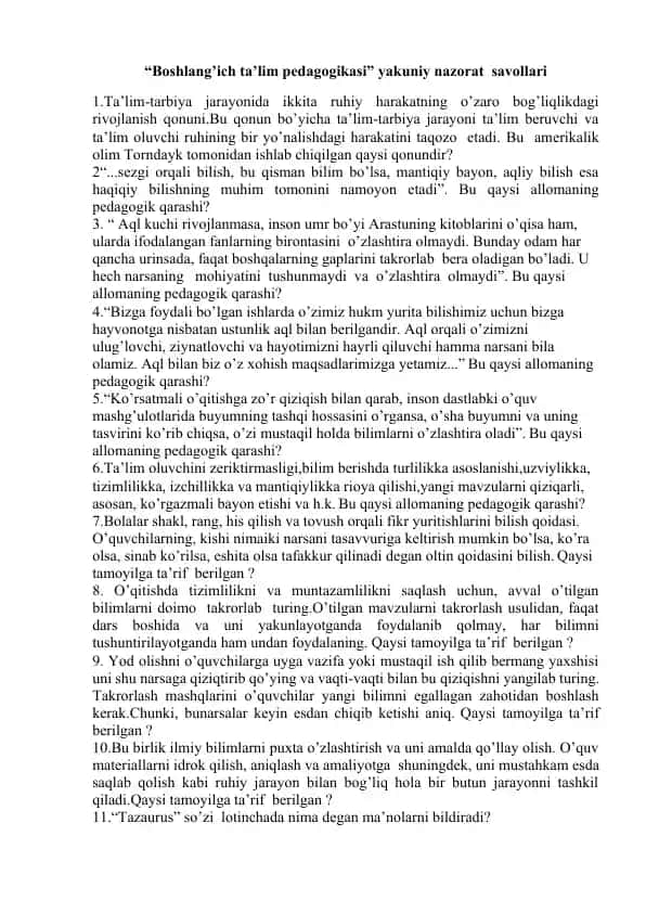 Boshlang’ich ta’lim pedagogikasi yakuniy nazorat savollari