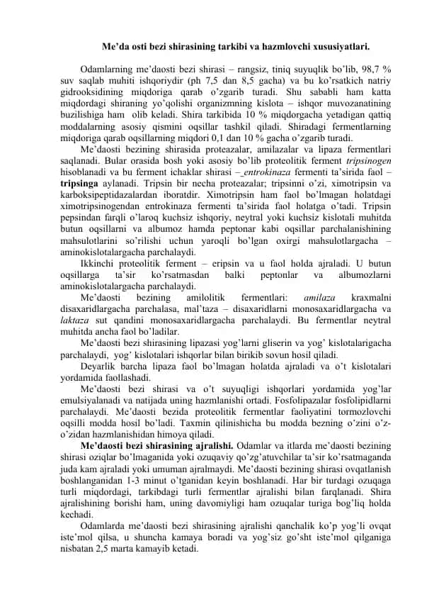 Me’da osti bezi shirasining tarkibi va hazmlovchi xususiyatlari