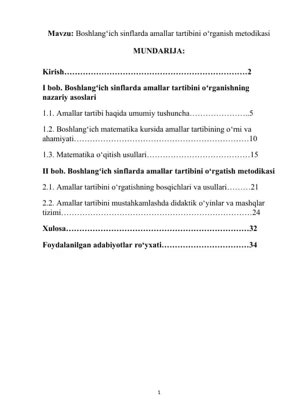 Boshlangʻich sinflarda amallar tartibini oʻrganish metodikasi