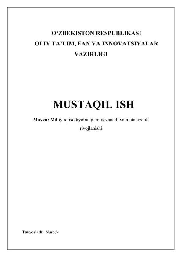 Milliy iqtisodiyotning muvozanatli va mutanosib rivojlanishi