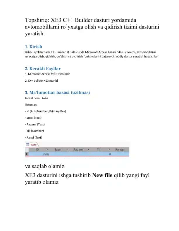 Avtomobillarni ro`yxatga olish va qidirish tizimi dasturi