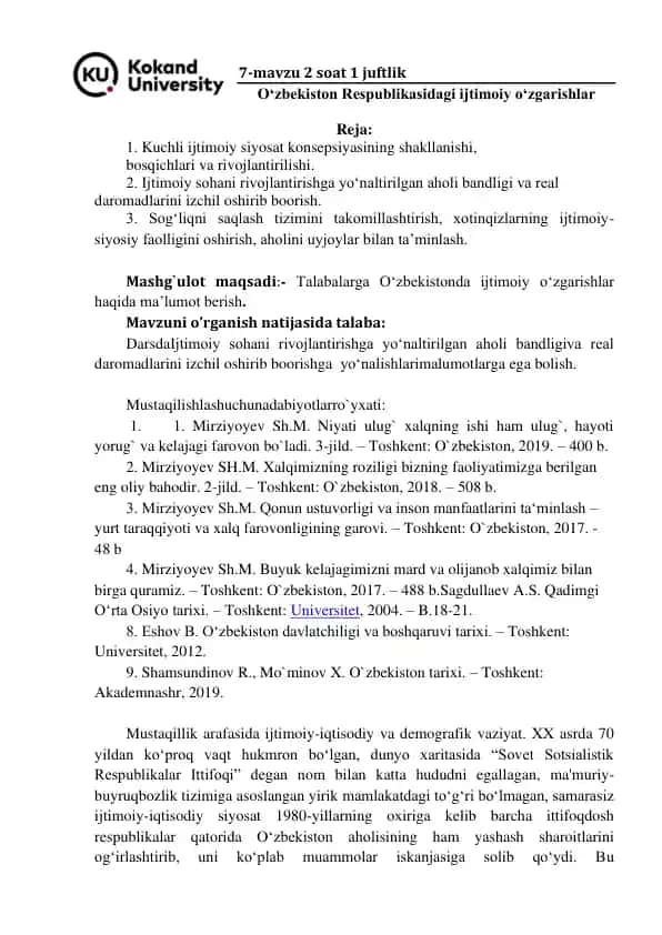 O‘zbekiston Respublikasidagi ijtimoiy o‘zgarishlar
