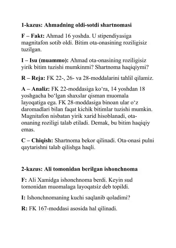 Kazus analizi: Ahmadning oldi-sotdi shartnomasi