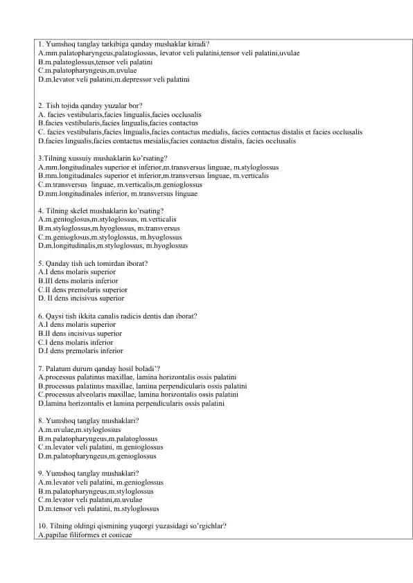 Mushaklar anatomiyasi test savollari