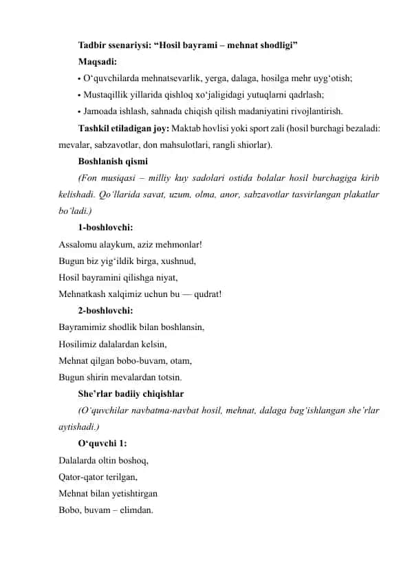 Hosil bayrami – mehnat shodligi