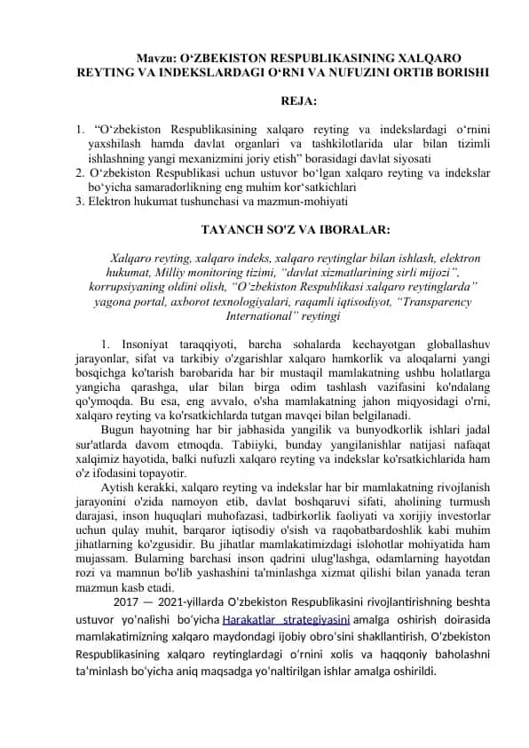 O‘ZBEKISTON RESPUBLIKASINING XALQARO REYTING VA INDEKSLARDAGI O‘RNI VA NUFUZINI ORTIB BORISHI