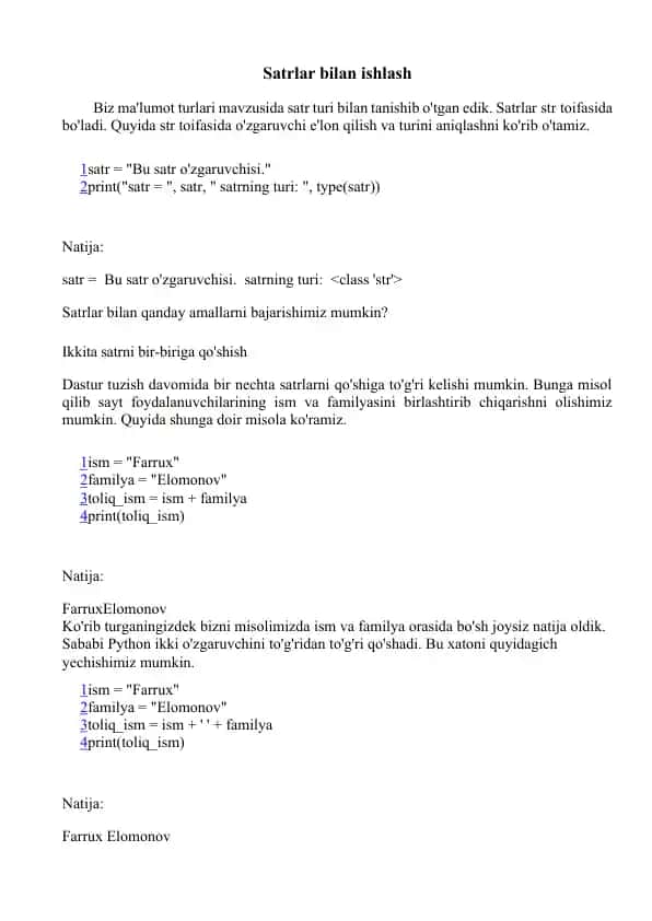 Satrlar bilan ishlash