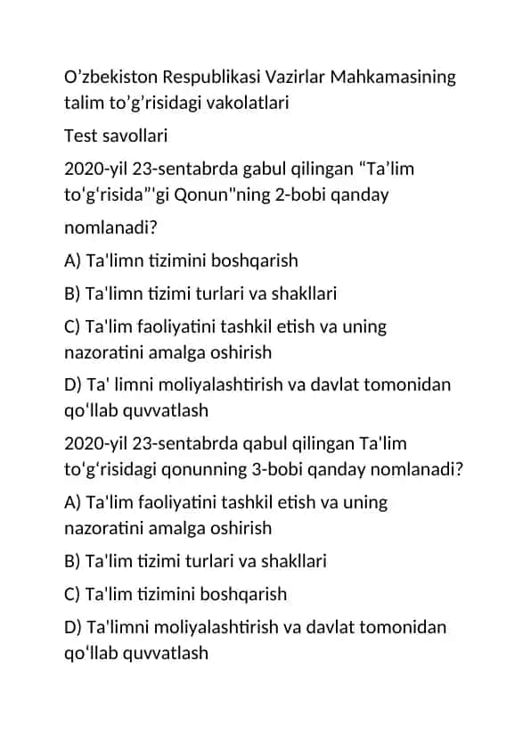 O’zbekiston Respublikasi Vazirlar Mahkamasining talim to’g’risidagi vakolatlari