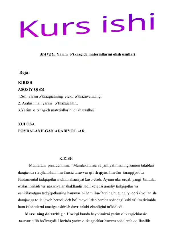 Yarim o’tkazgich materiallarini olish usullari