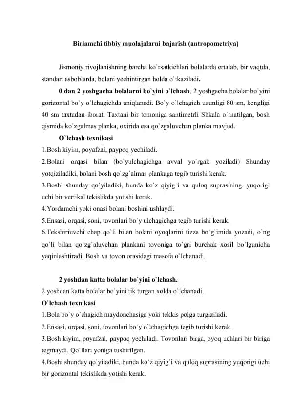 Birlamchi tibbiy muolajalarni bajarish (antropometriya)