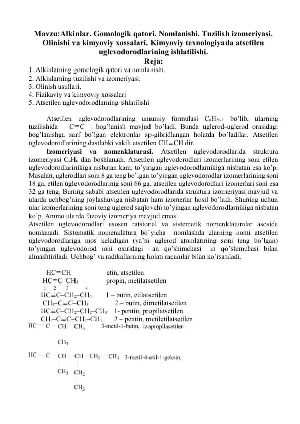 Atsetilen uglevodorodlarining ishlatish