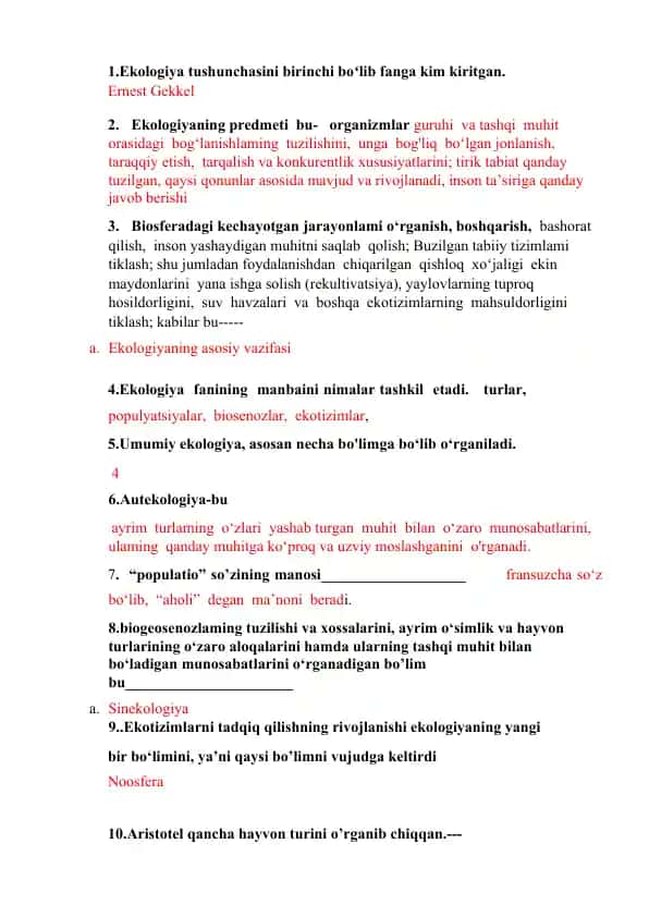 Ekologiya fanining asosiy mazmuni
