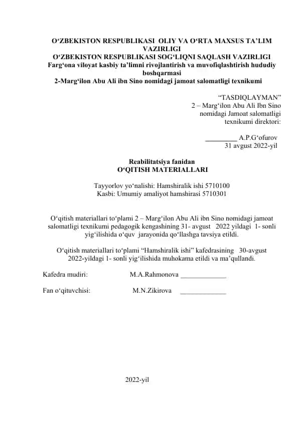 O‘qitish materiallari to‘plami (Reabilitatsiya fani, Hamshiralik ishi yo‘nalishi)