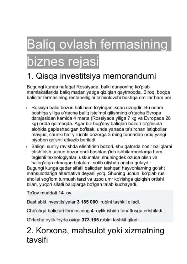 Baliq ovlash fermasining biznes rejasi
