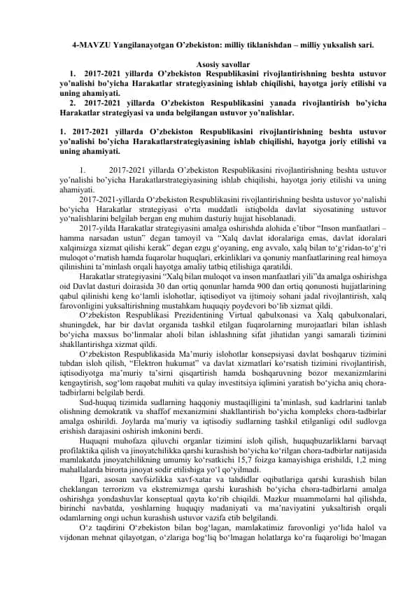 O'zbekiston Respublikasini rivojlantirishning Harakatlar strategiyasi