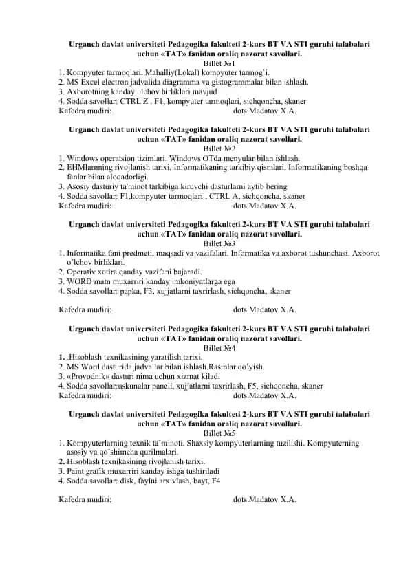"TAT fanidan oraliq nazоrat savоllari"