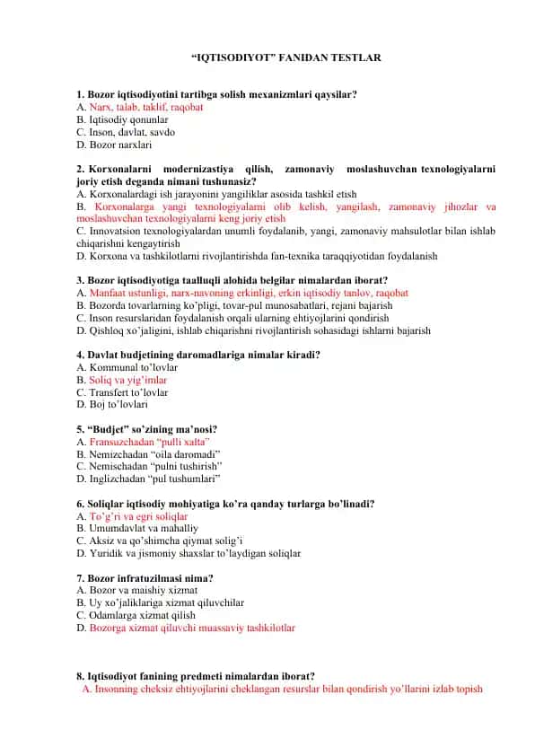 "Iqtisodiyot fanidan testlar"