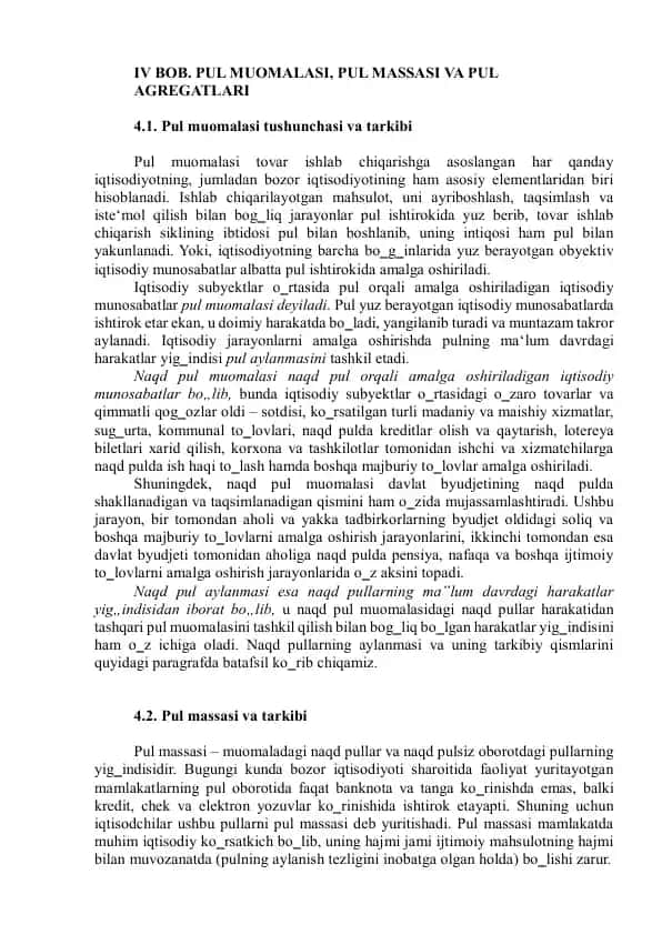 Pul muomolasi va pul massalari