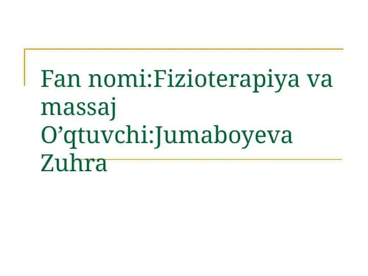 Elektr, yoruqlik, issiqlik, quyosh, suv va havo bilan davolash haqida tushuncha, turlari, muolajaga ko’rsatma, moneylik, asoratlari, apparatlar bilan ishlashda texnika havfsizlik qoidalari