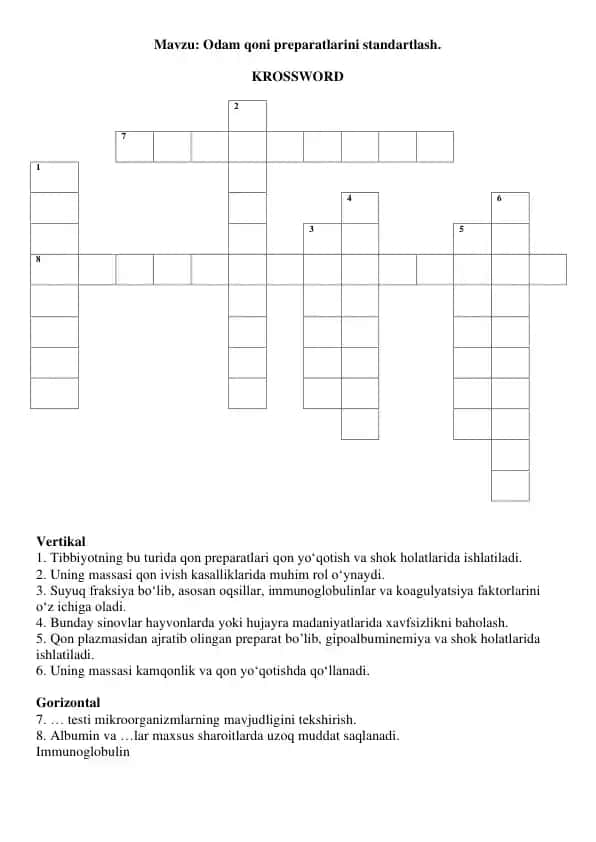 Odam qoni preparatlarini standartlash. Krossword, 8 ta savolli, javoblari bilan.