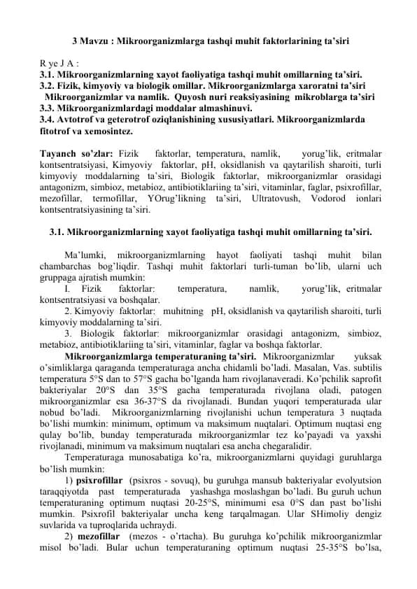 Mikroorganizmlarga tashqi muhit faktorlarining ta’siri