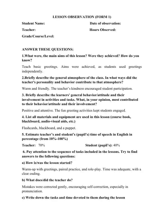LESSON OBSERVATION (FORM 1)