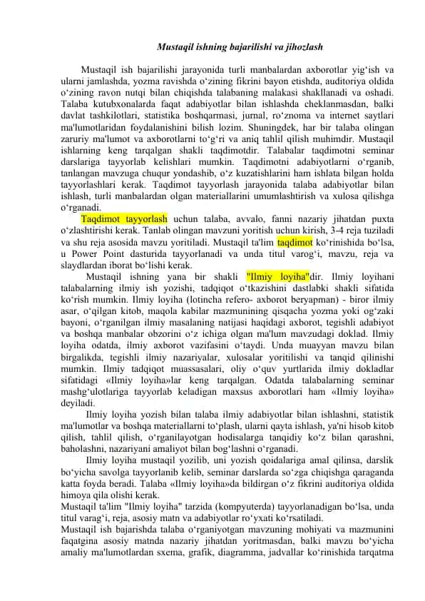 Mustaqil ishning bajarilishi va jihozlash