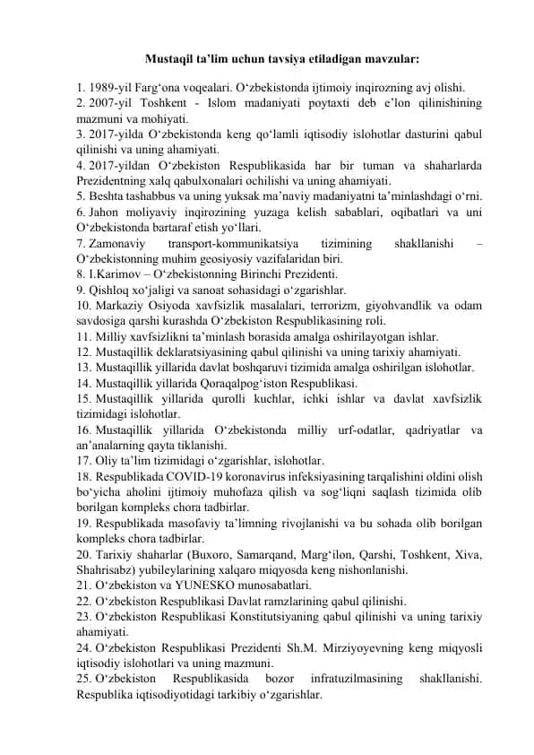 Mustaqil ta’lim uchun tavsiya etiladigan mavzular