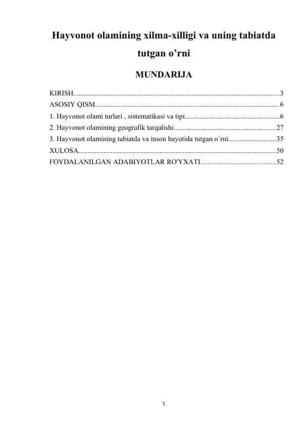 Hayvonot olamining xilma-xilligi va uning tabiatda tutgan o’rni