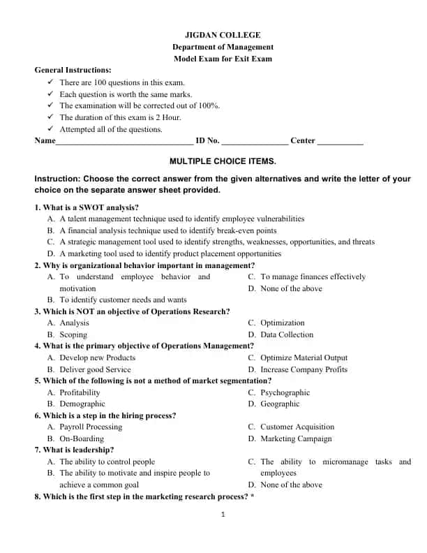 Model Exam for Exit Exam - Department of Management