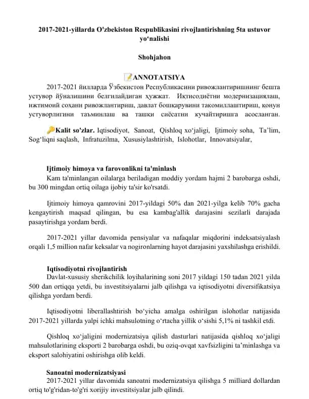O'zbekiston Respublikasini rivojlantirishning 5ta ustuvor yoʻnalishi