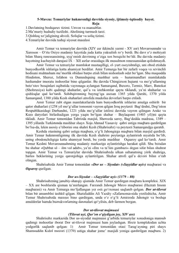 Temuriylar hukmronligi davrida siyosiy, ijtimoiy-iqtisodiy hayot