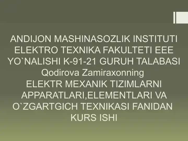 Kurs ishini bajarish uchun boshlang’ich ma’lumotlar