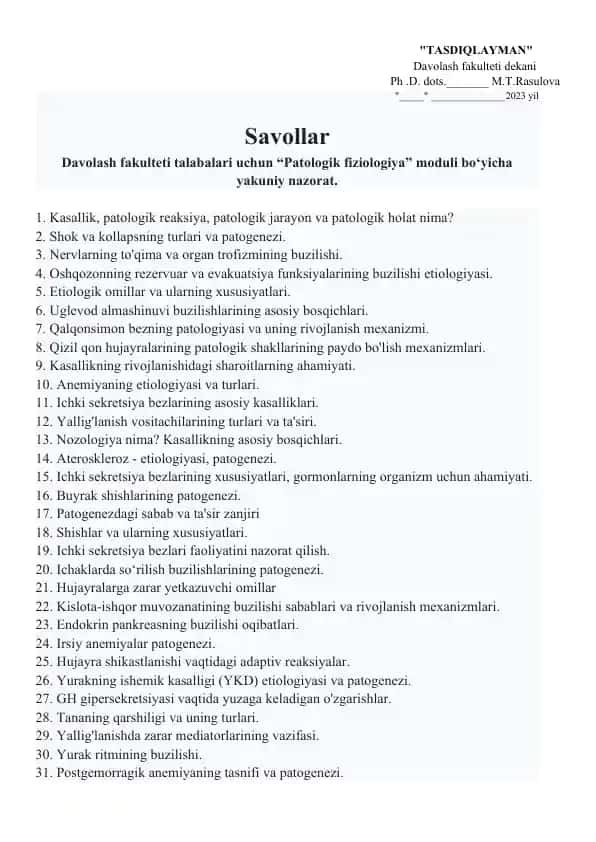 Patologik Fiziologiya moduli bo'yicha nazorat savollari