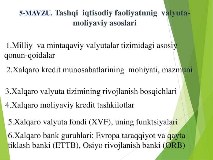 Tashqi iqtisodiy faoliyatning valyuta-moliyaviy asoslari