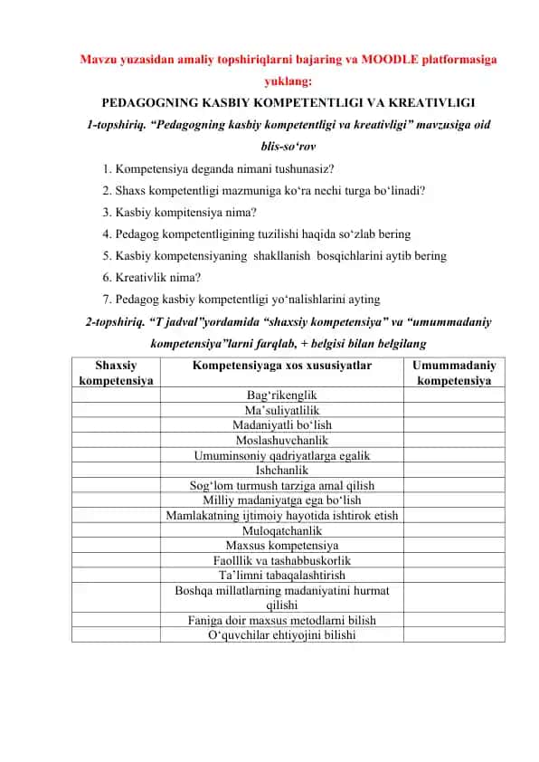 Pedagogning Kasbiy Kompetentligi va Kreativligi